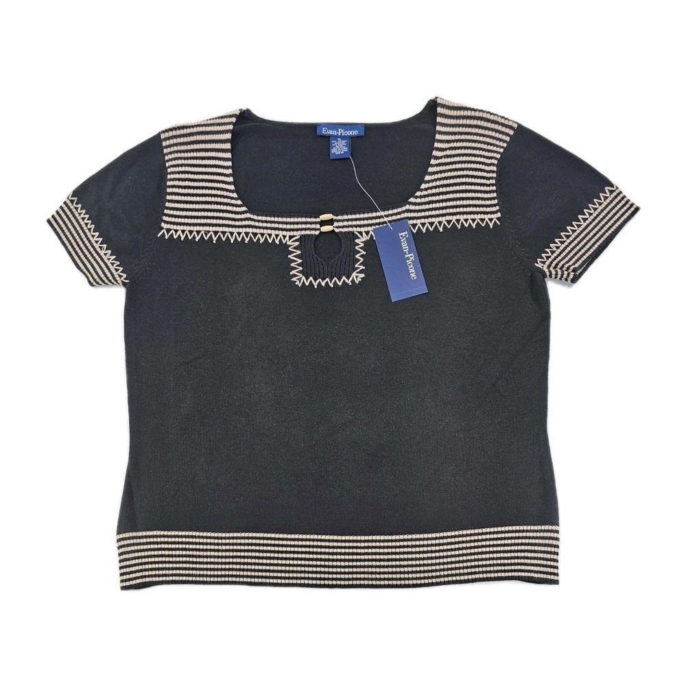 Evan Picone Women's Blouse XL Black Cream Striped Square Neck Keyhole Beads Top